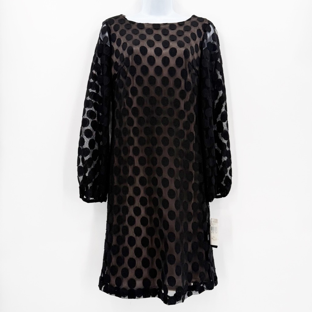 NWT I.N. Studio Petite Sheer Polka Dot Dress Black Long Sleeve Size 6P